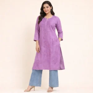 Lavender Lucknowi Chikankari Long Kurti – Soft Elegant Daily Wear 2026 Collection