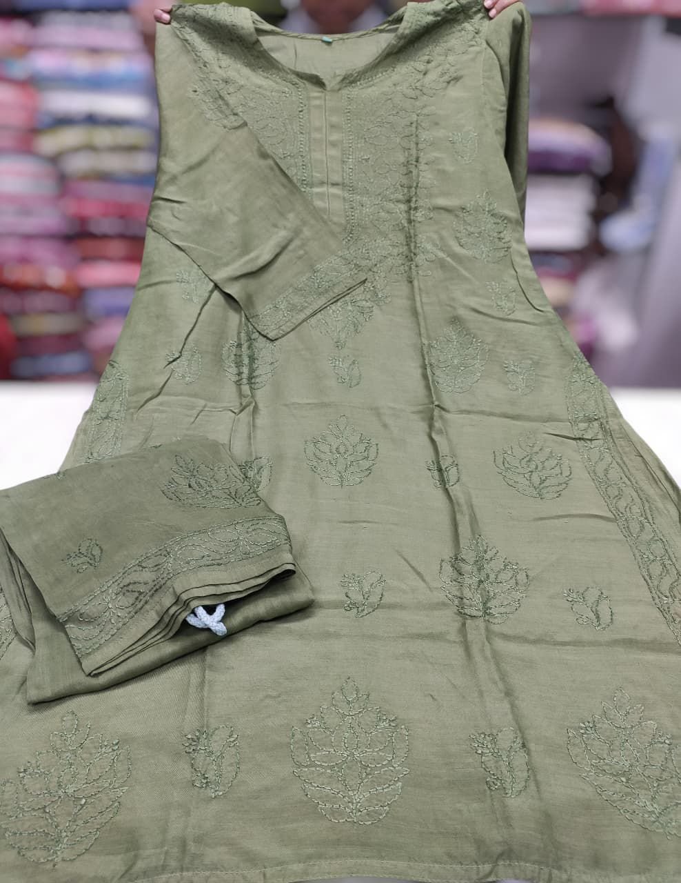 Premium Chikankari Muslin Kurta & Palazzo Set – Olive Elegance