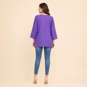 Purple Embroidered Cotton Short Kurti Top for Women