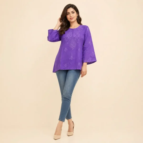 purple embroidered short kurti for women