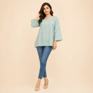 Sage Green Embroidered Short Kurti for Women