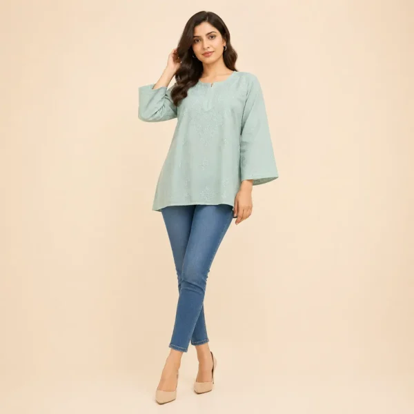 sage green embroidered short kurti for women
