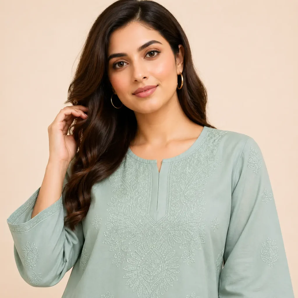 Shop sage green embroidered cotton kurti for women. Comfortable and stylish short kurti for daily and office wear.