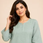 Shop sage green embroidered cotton kurti for women. Comfortable and stylish short kurti for daily and office wear.
