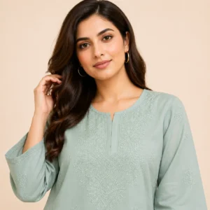 Sage Green Embroidered Short Kurti for Women