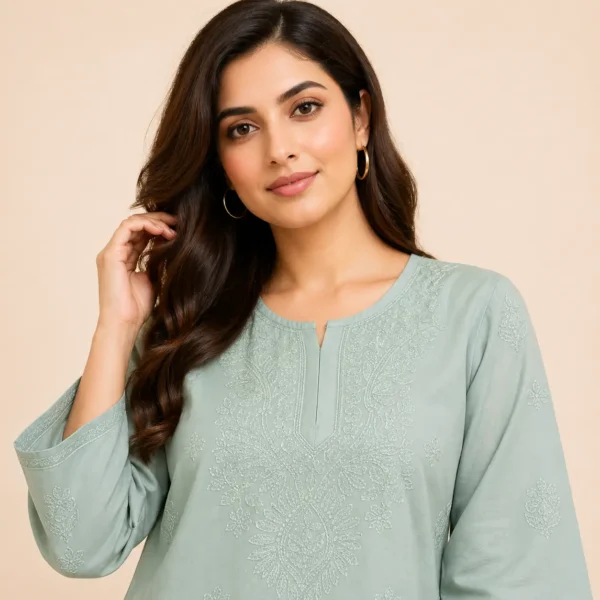 Shop sage green embroidered cotton kurti for women. Comfortable and stylish short kurti for daily and office wear.