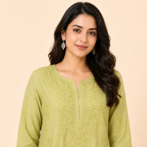 Elegant Light Green Chikankari Kurta for Women – Handcrafted Floral Embroidery