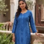 Blue Muslin Chikankari Kurta Palazzo Set