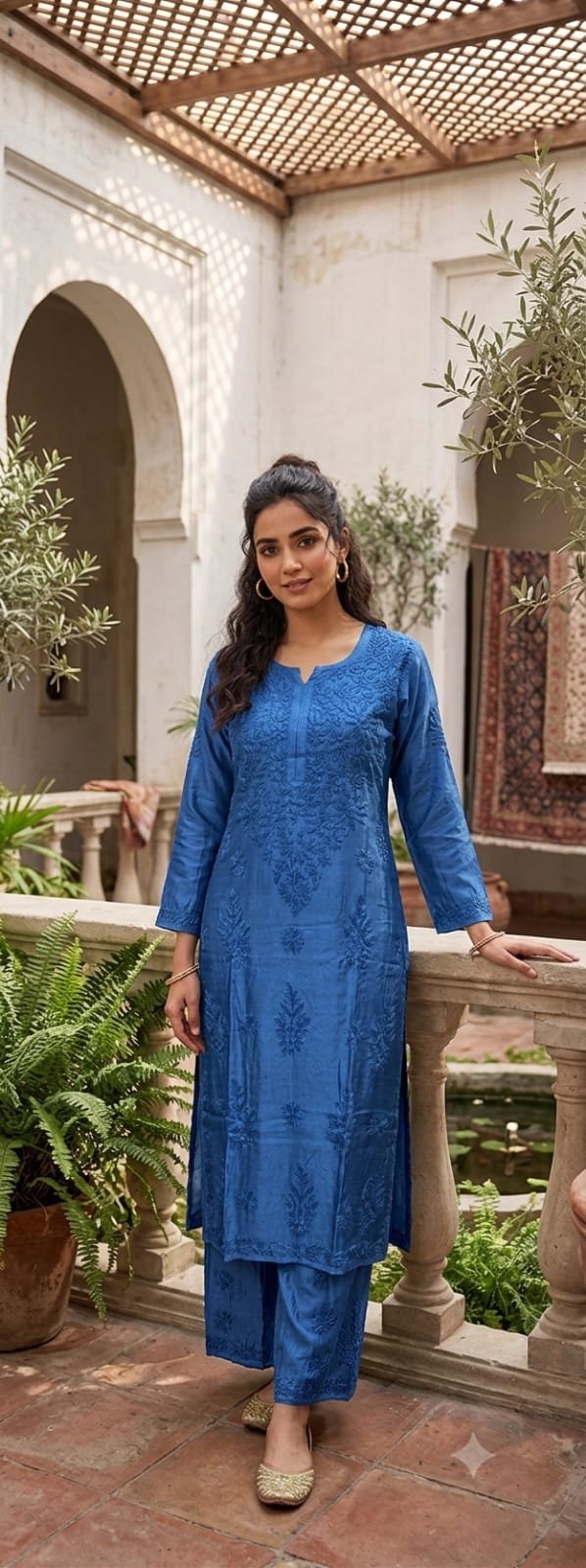 Blue Muslin Chikankari Kurta Palazzo Set