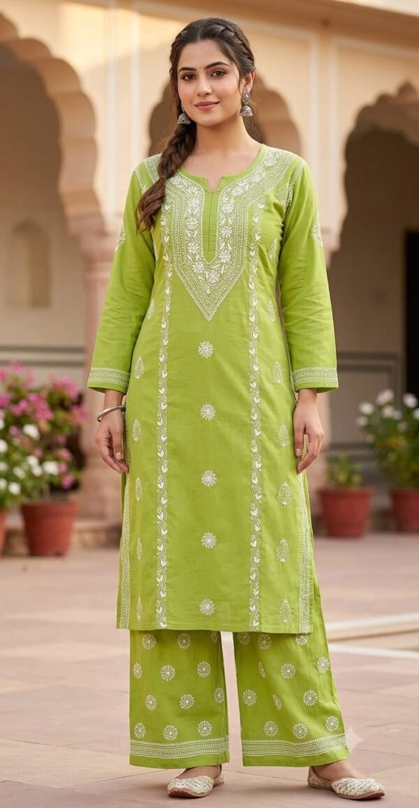 Green Chikankari Kurti Pant Set