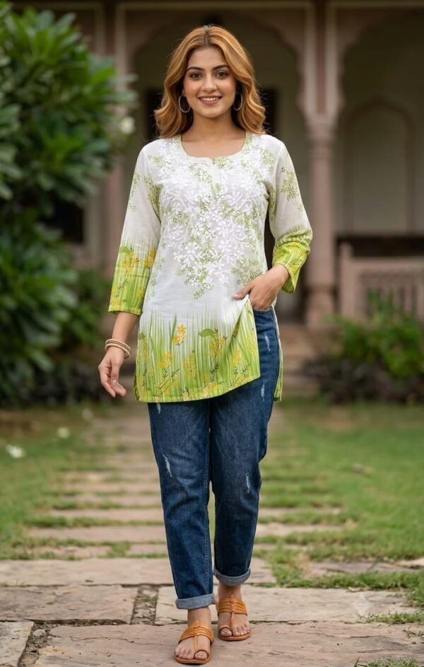 Green Floral Chikankari Georgette Short Kurti with Inner