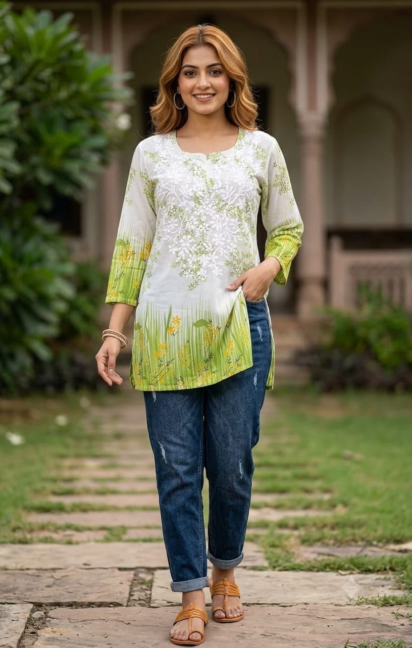 Green Floral Chikankari Georgette Short Kurti with Inner
