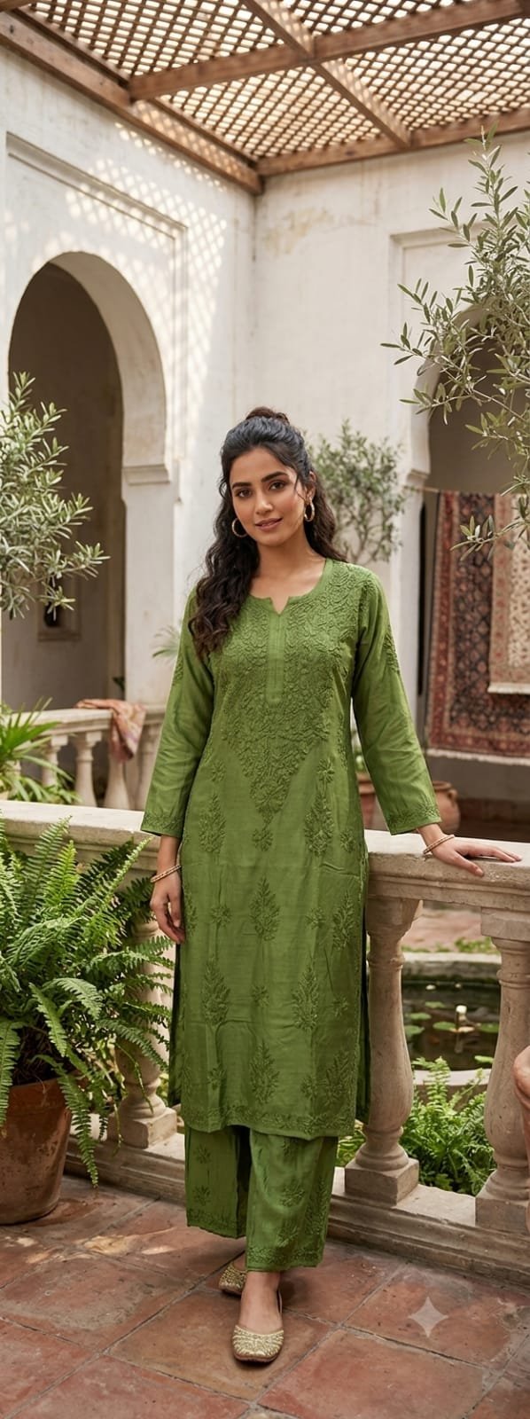 Green Muslin Chikankari Kurta Palazzo Set