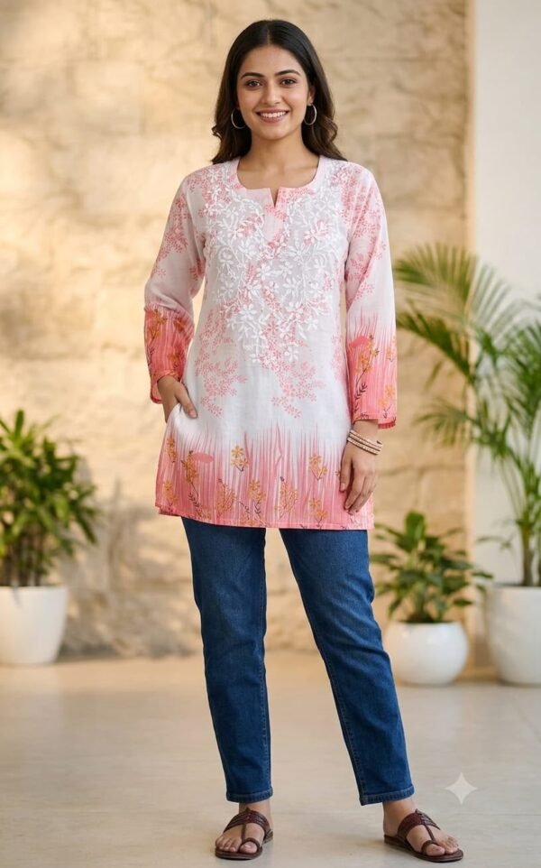 Light Pink Chikankari Georgette Short Kurti with Inner