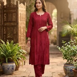 Maroon Muslin Chikankari Kurta Palazzo Set