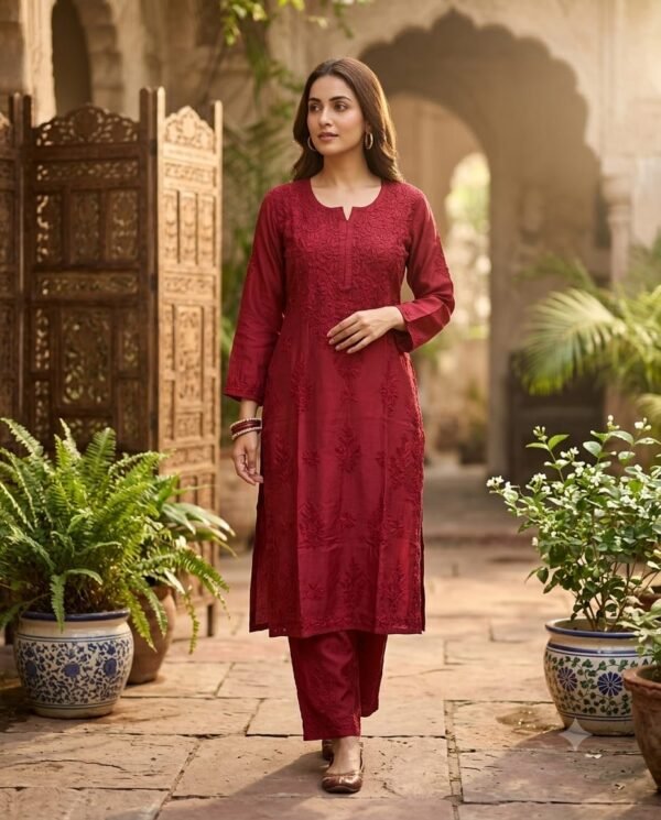 Maroon Muslin Chikankari Kurta Palazzo Set