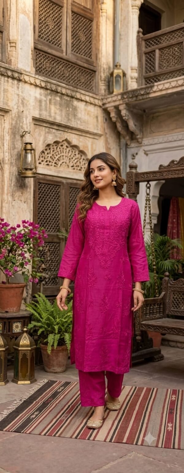 Pink Muslin Chikankari Kurta Palazzo Set
