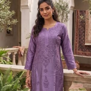 Purple Muslin Chikankari Kurta Palazzo Set
