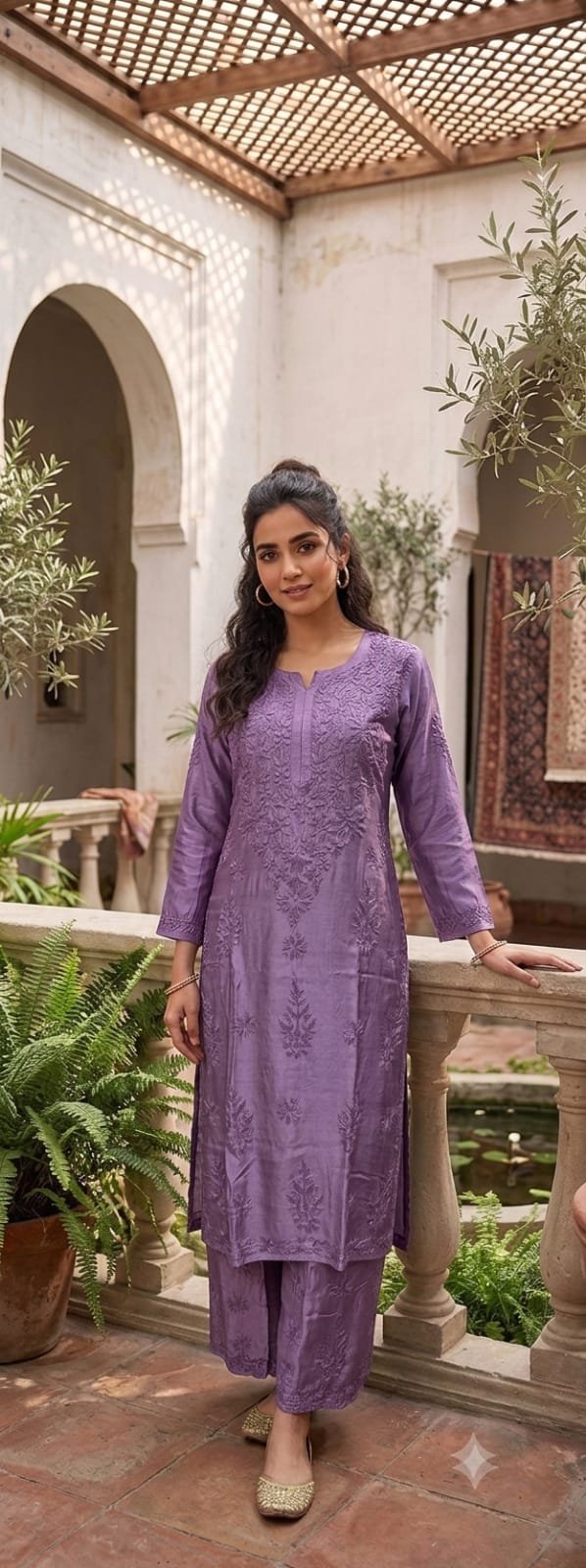 Purple Muslin Chikankari Kurta Palazzo Set