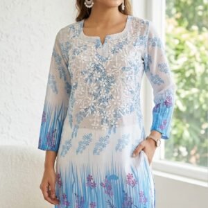 Sky Blue Chikankari Georgette Short Kurti