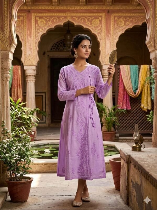 fancy-chanderi-chikankari-angarkha with kroshia-border-lavender tone